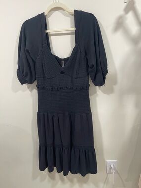 Anthropologie Black Smocked Mini Dress with Puff Sleeves